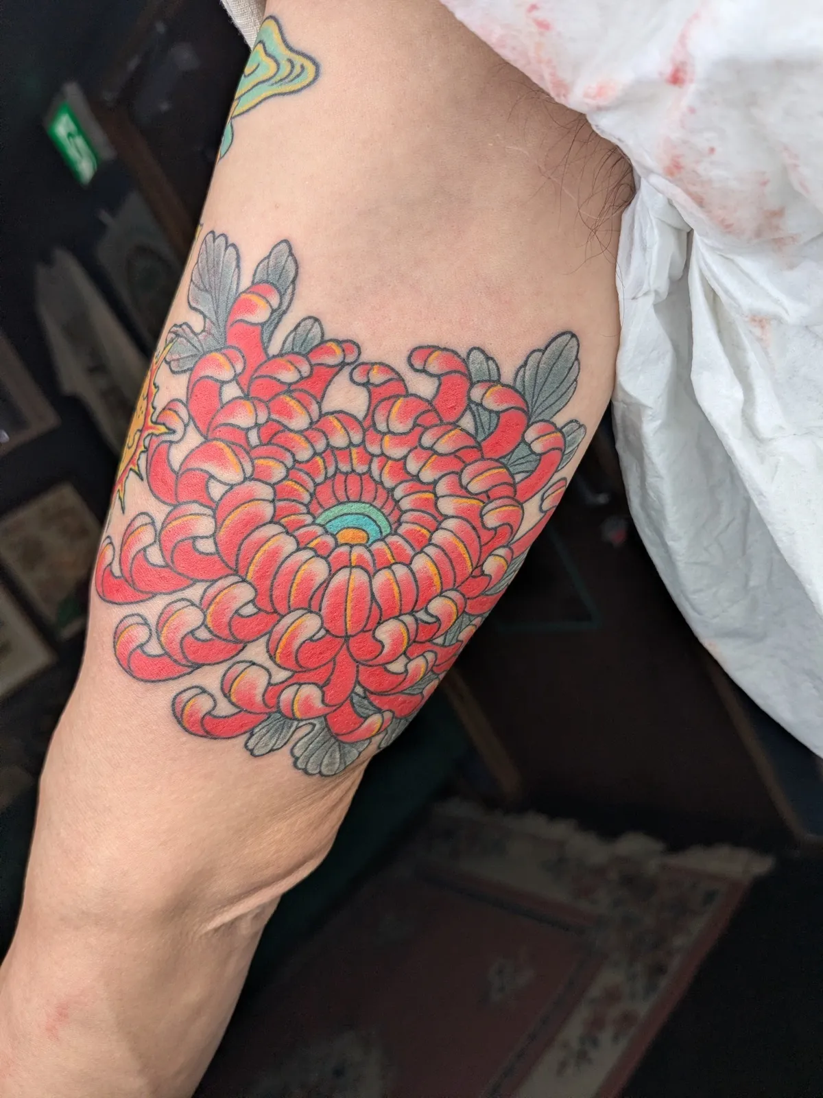 Chrysanthemum tattoo on the forearm