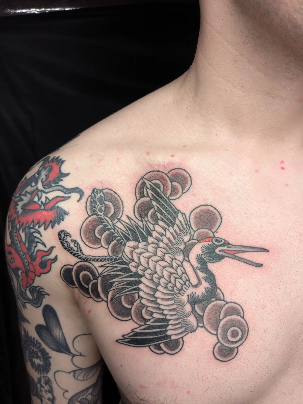 Crane tattoo on the chest