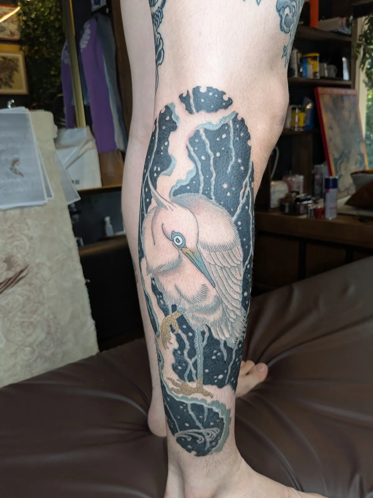 White egret tattoo on the calf