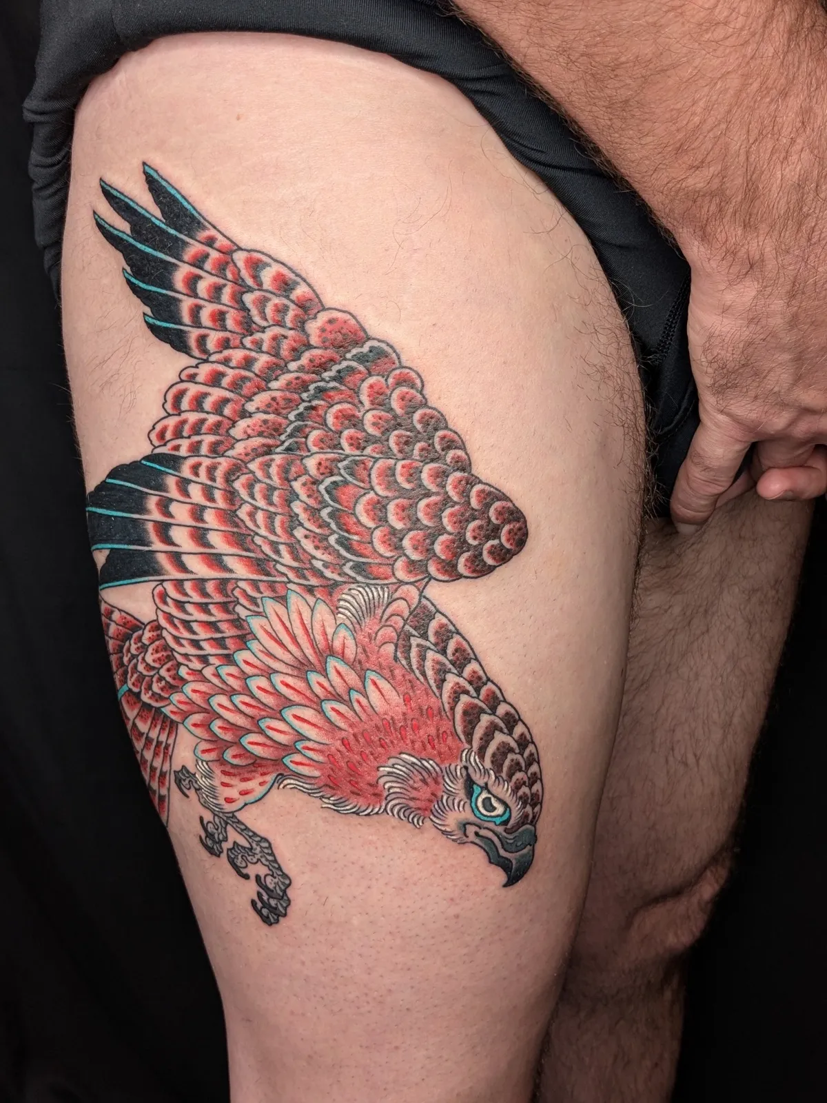 Hawk tattoo on the thigh