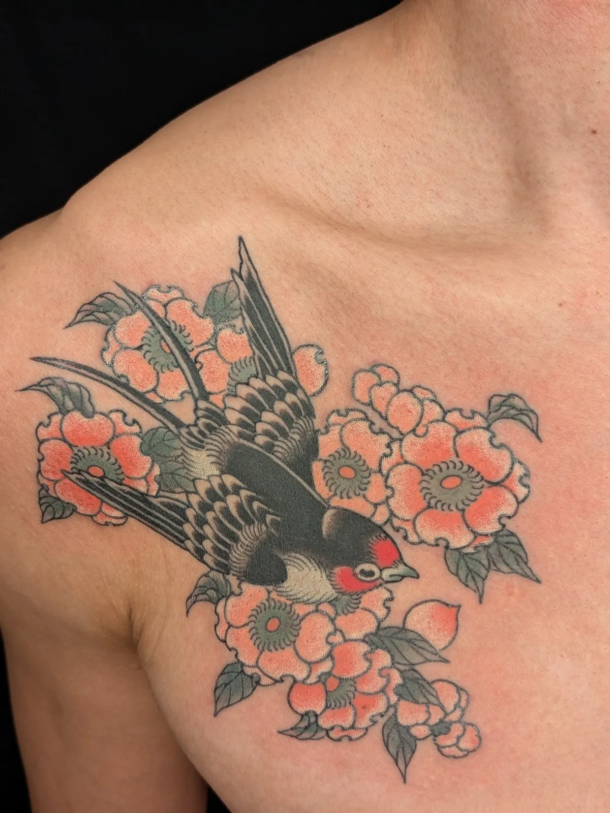 Swallow (Chest, Color) — A swallow among blossoms across the chest.（2）