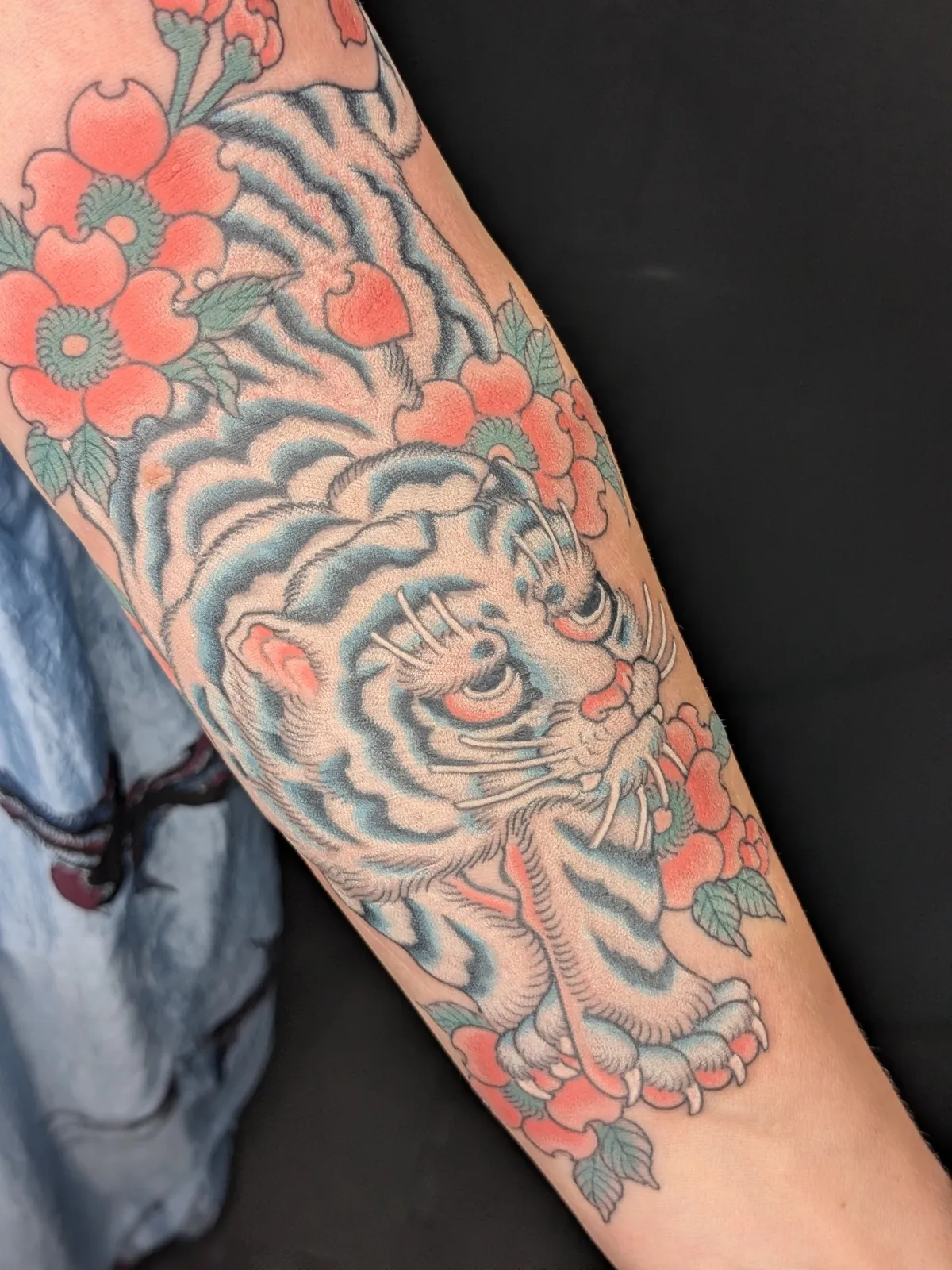 White tiger and peony tattoo on the forearm